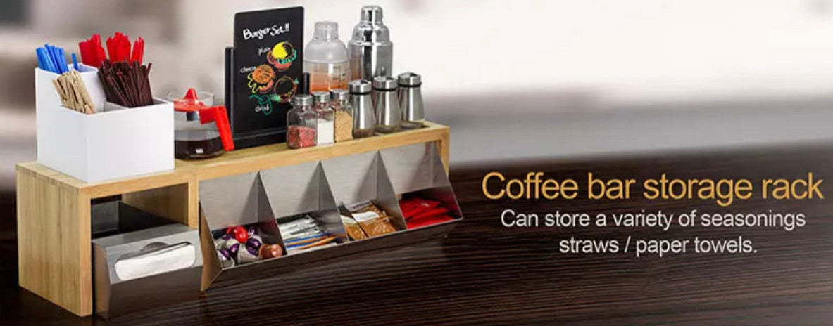 Coffee Bar Storage Rack - Bamboo and Stainless Steel Cups Holder ...