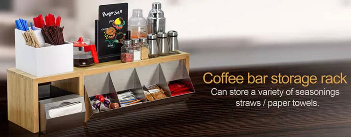 Coffee bar storage rack bamboo and stainless steel cups holder